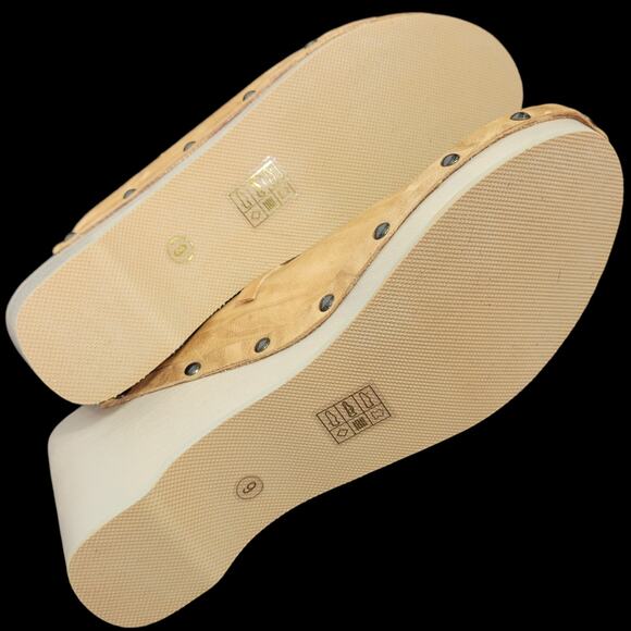 Kelsi Dagger Clogs Tan Leather Lace Up Wedge Wood Heel Mule Slip On Retro Size 9 - Picture 12 of 15